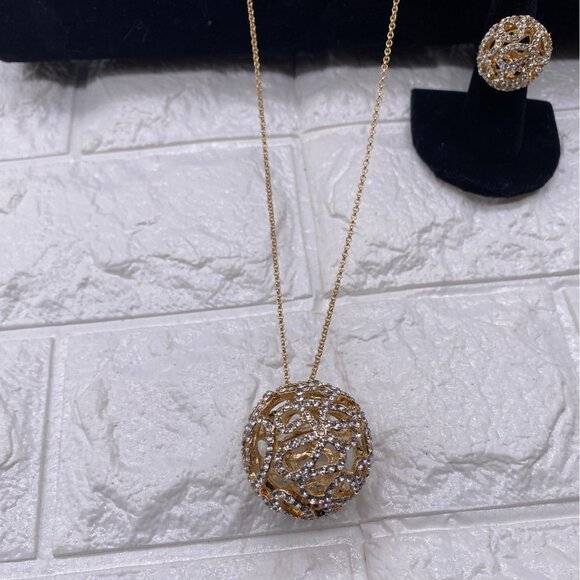 Fashion Jewelry Women’s Necklace Set Gold Plated Rhinestones Earrings & Ring - Picture 8 of 14